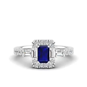 Emerald Cut Sapphire with Round and Baguette Diamond Ring