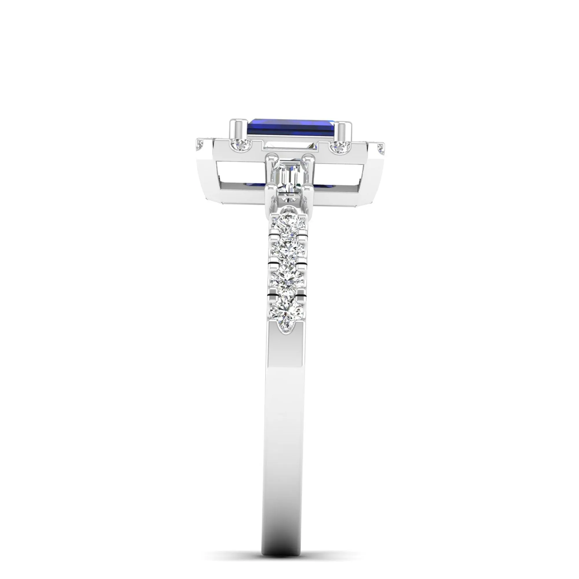 Emerald Cut Sapphire with Round and Baguette Diamond Ring