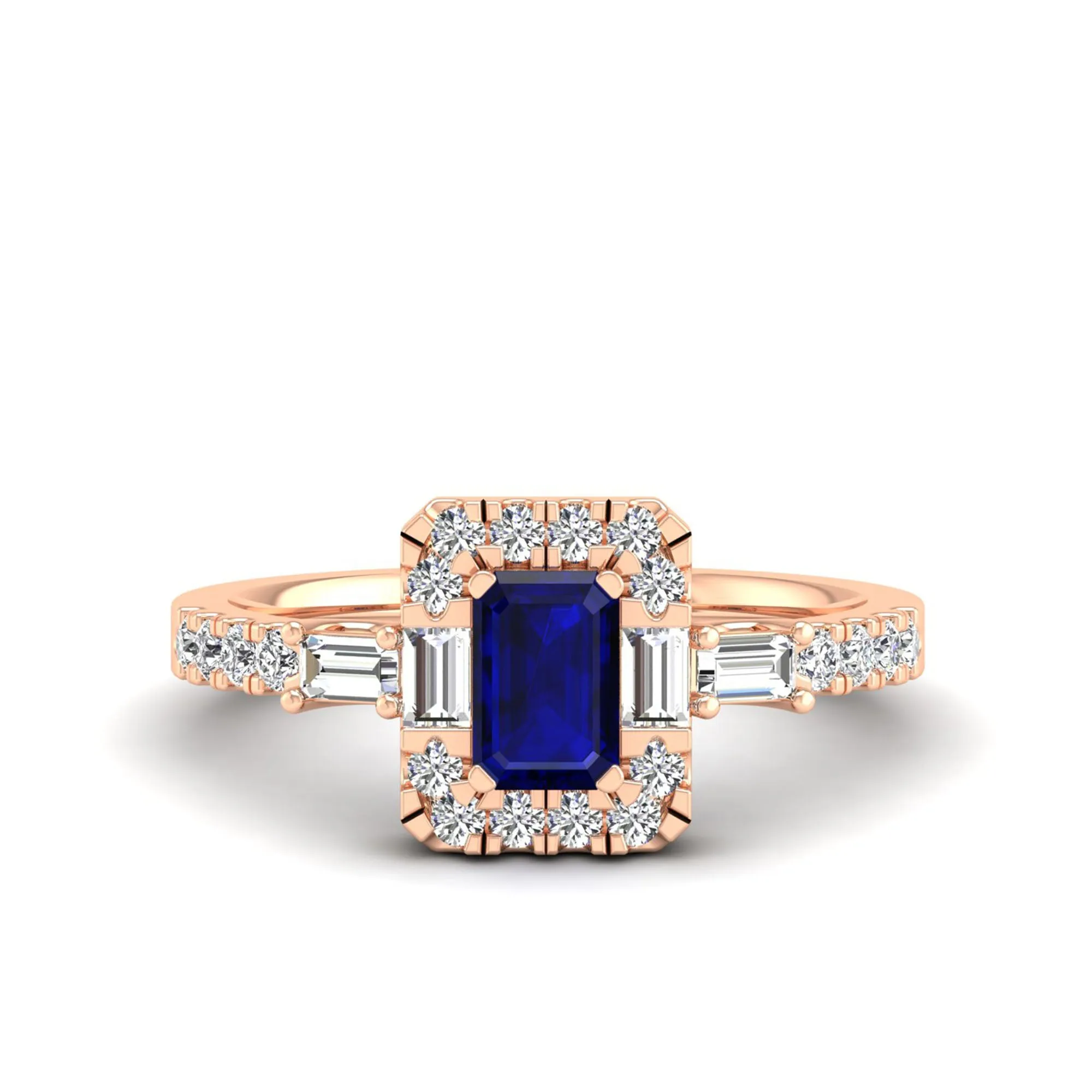 Emerald Cut Sapphire with Round and Baguette Diamond Ring