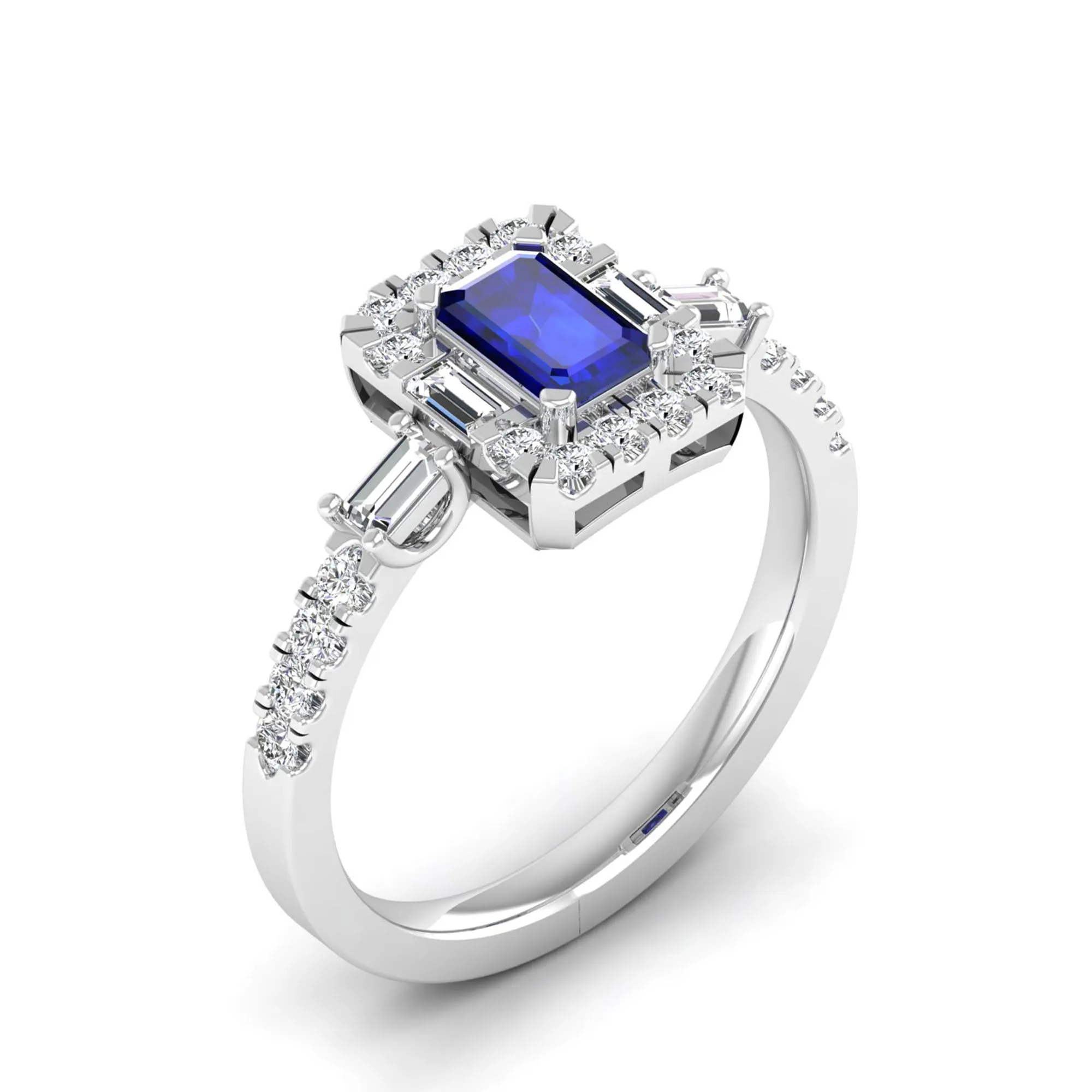 Emerald Cut Sapphire with Round and Baguette Diamond Ring