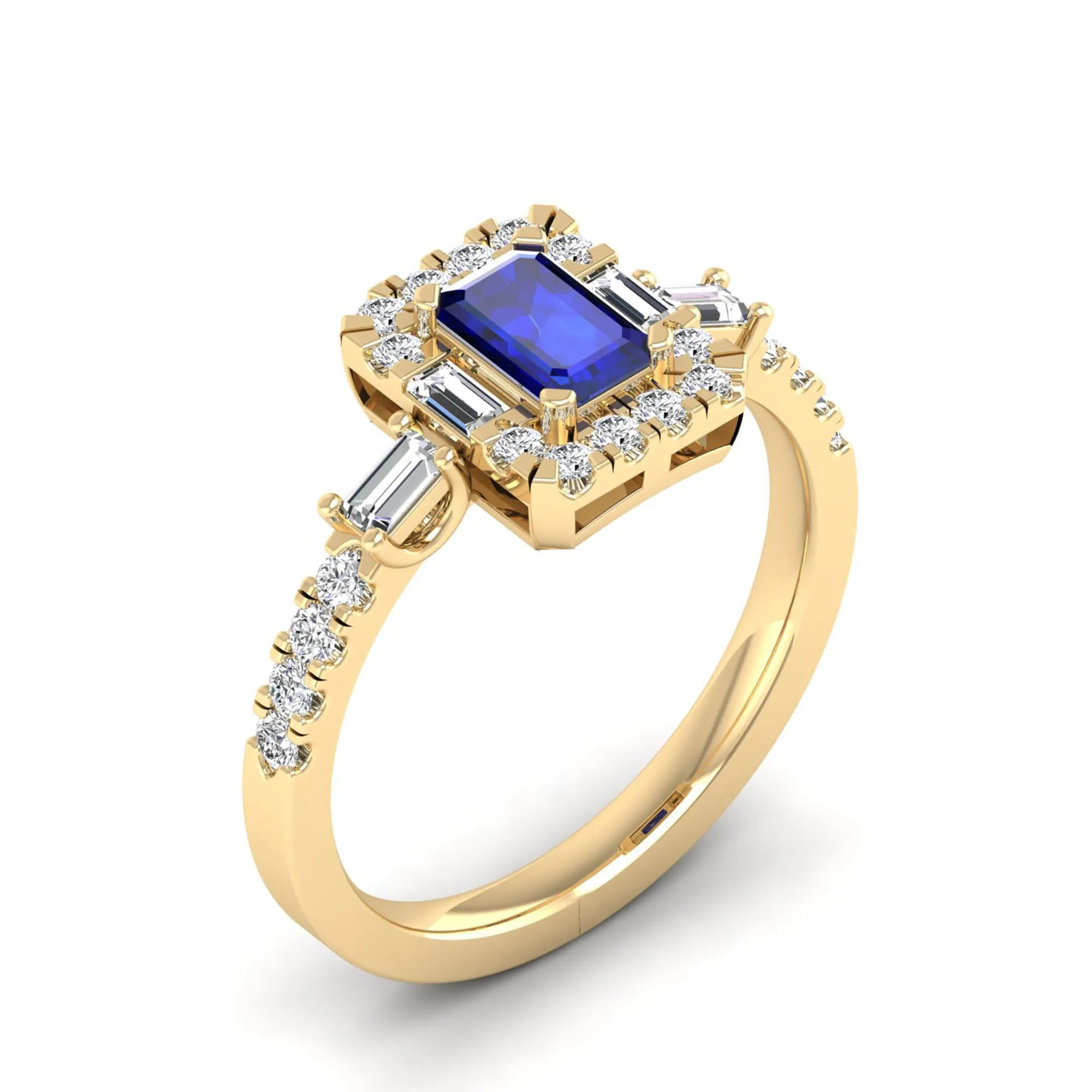 Emerald Cut Sapphire with Round and Baguette Diamond Ring