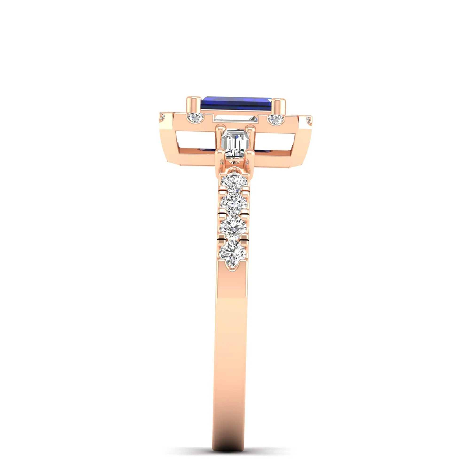 Emerald Cut Sapphire with Round and Baguette Diamond Ring