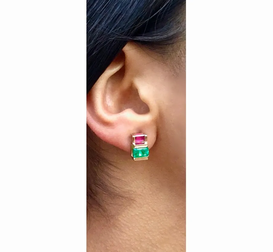 Emerald Ruby 18K Yellow Gold Earrings