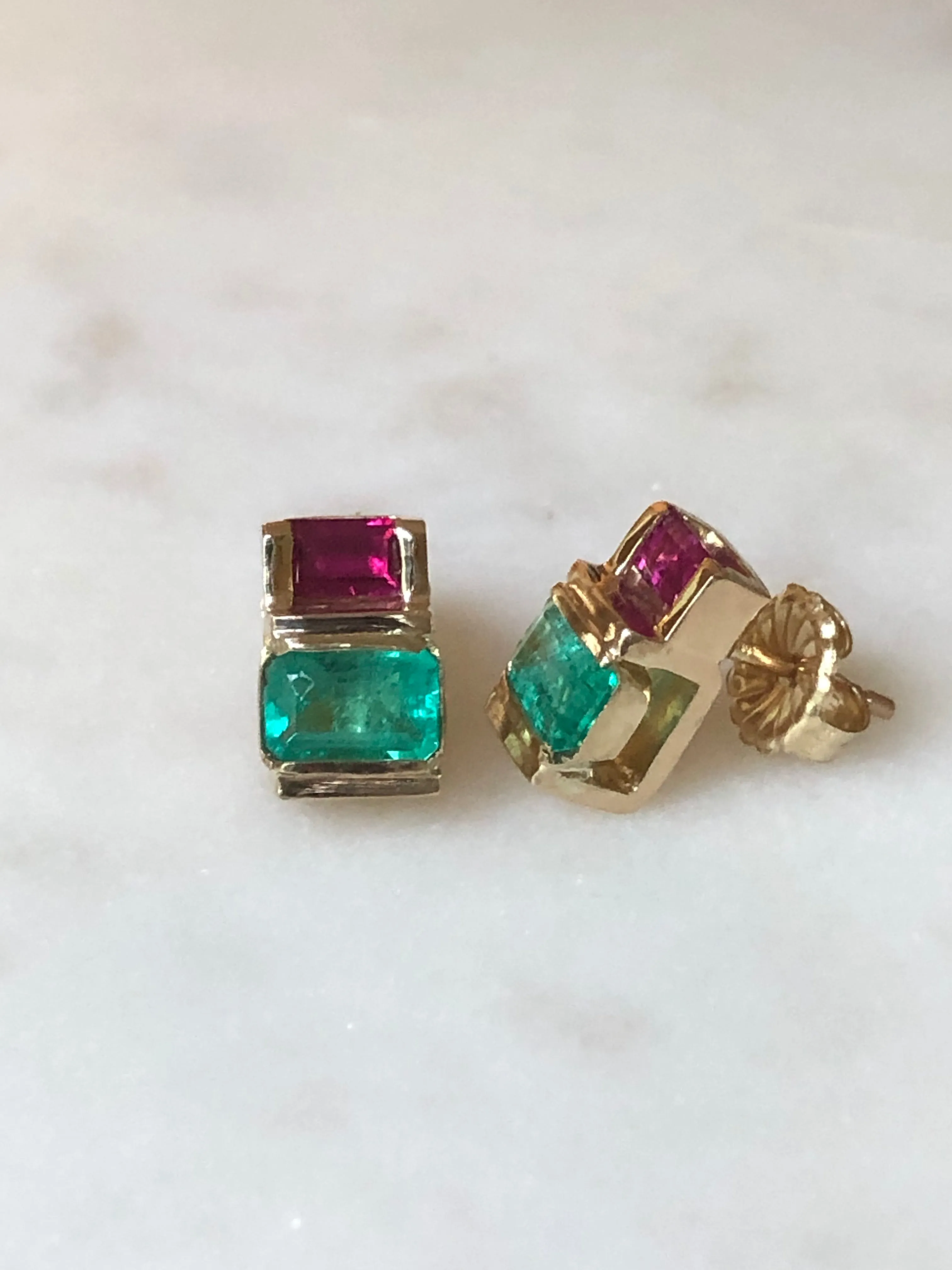 Emerald Ruby 18K Yellow Gold Earrings