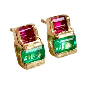 Emerald Ruby 18K Yellow Gold Earrings