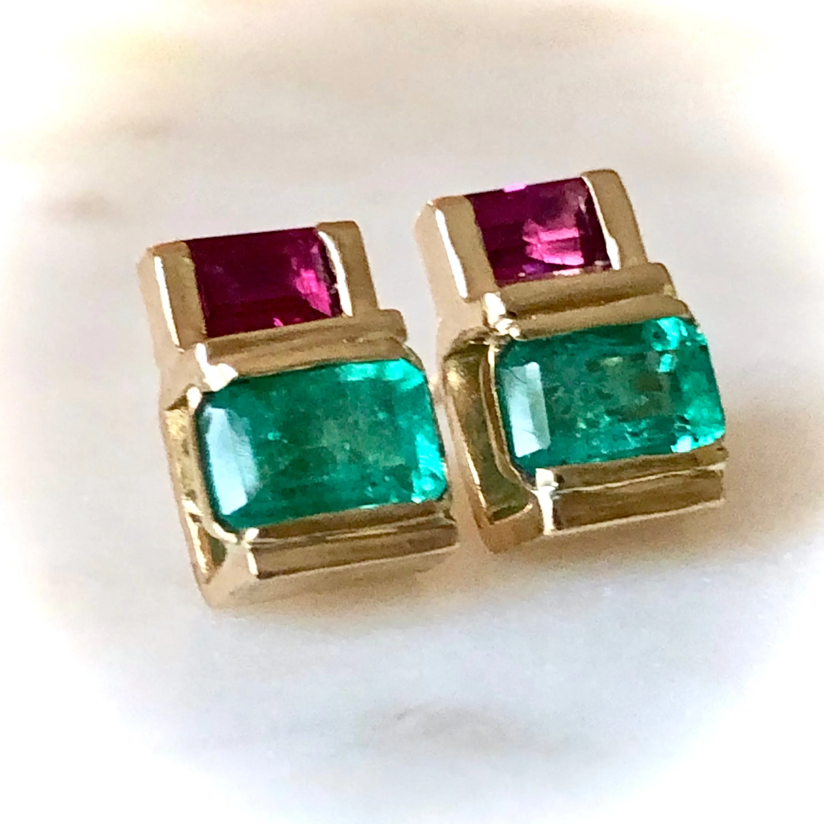 Emerald Ruby 18K Yellow Gold Earrings