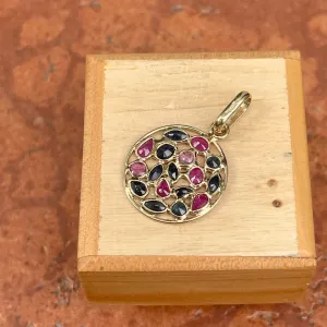 Estate 14KT Yellow Gold Blue Sapphire   Pink Ruby Round Drop Pendant