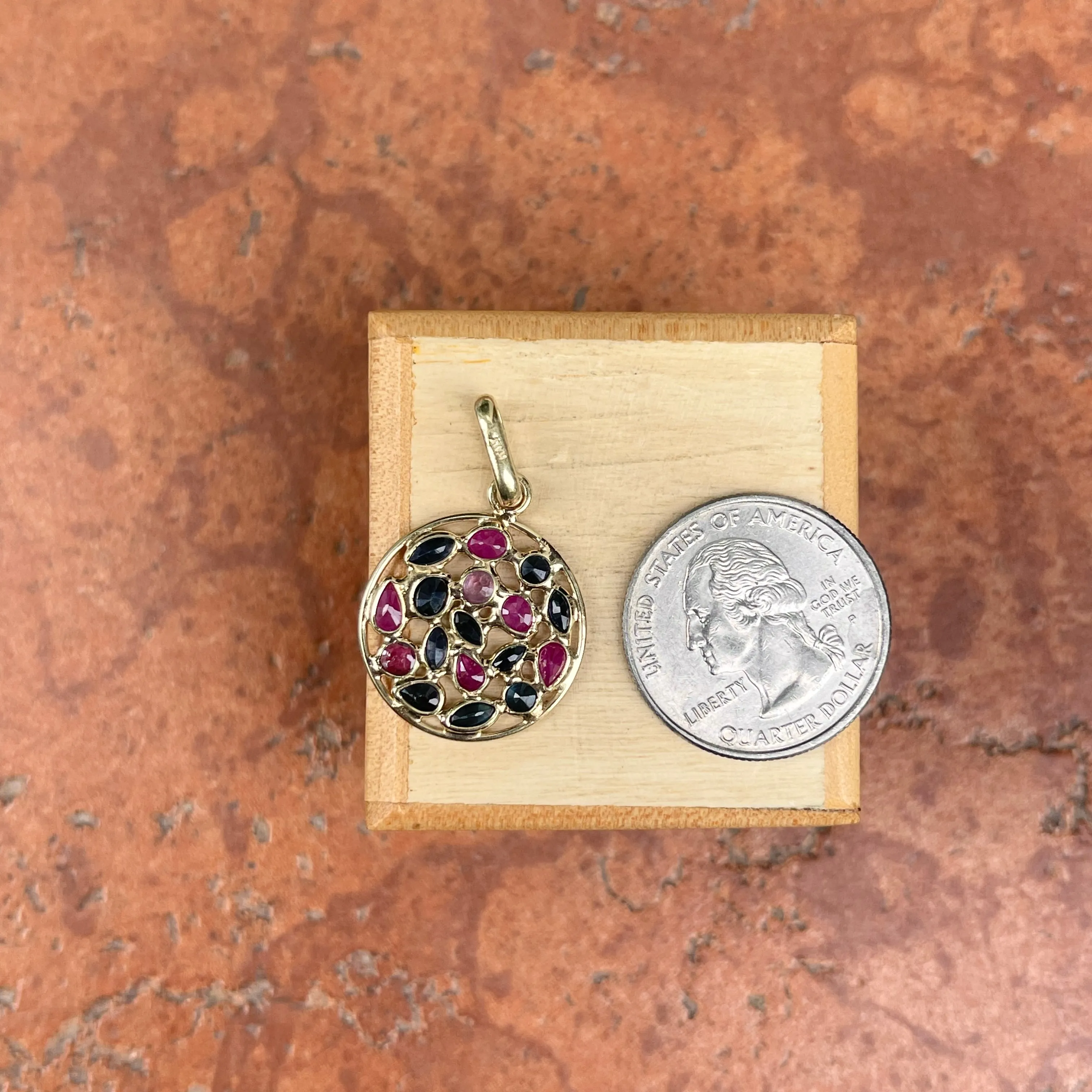 Estate 14KT Yellow Gold Blue Sapphire   Pink Ruby Round Drop Pendant