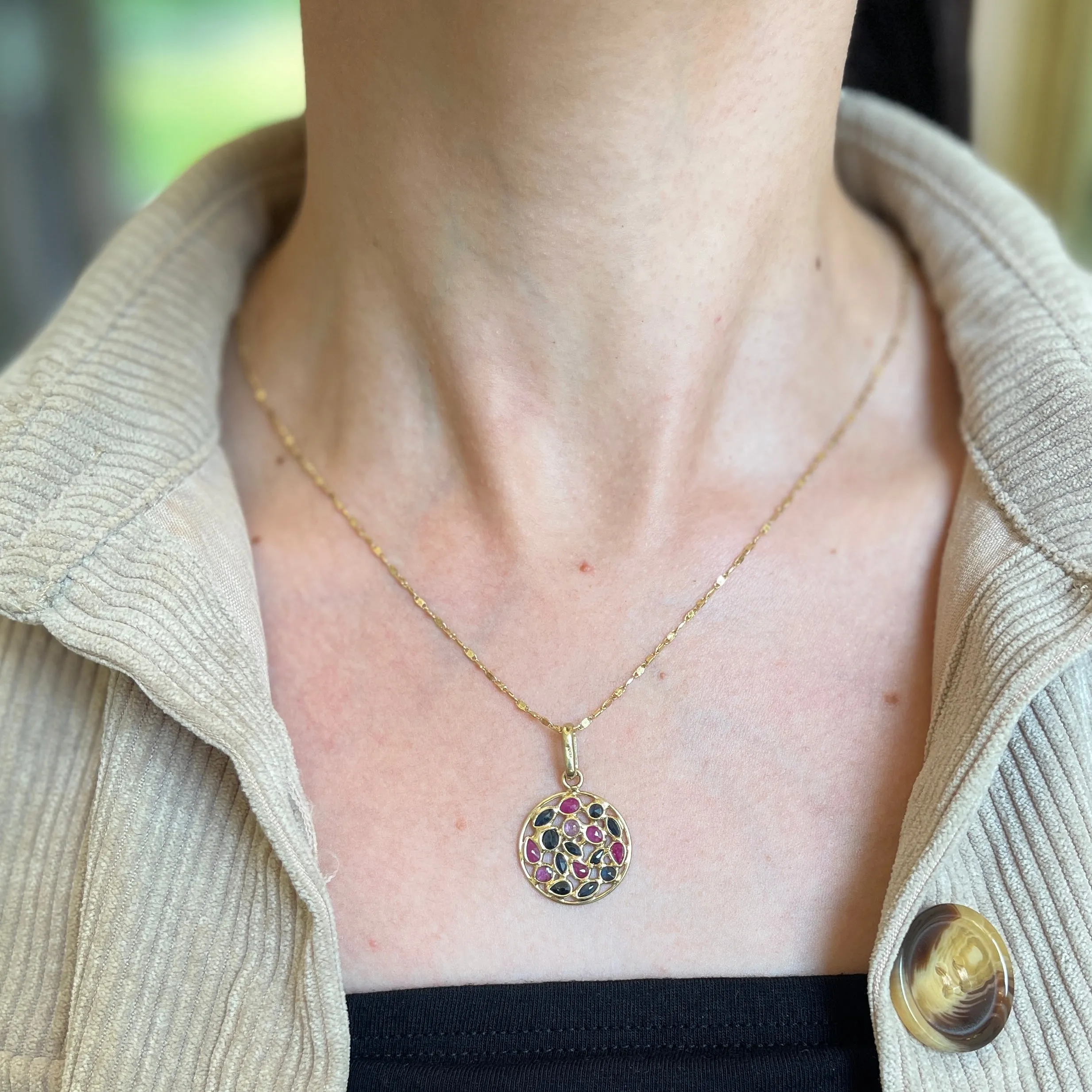 Estate 14KT Yellow Gold Blue Sapphire   Pink Ruby Round Drop Pendant