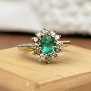 Estate 18KT Yellow Gold Lab 1.00 CT Oval Emerald   Diamond Halo Ring