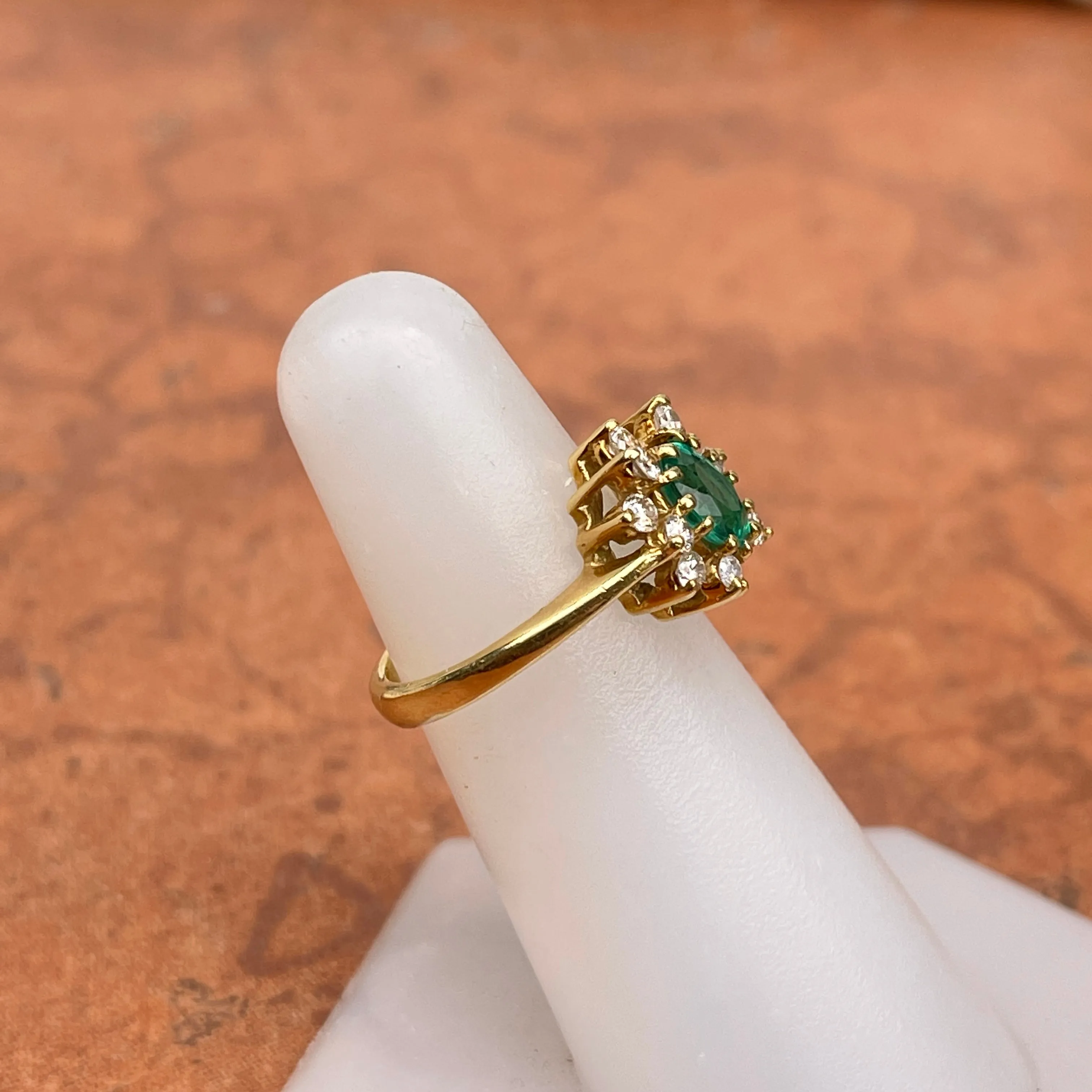Estate 18KT Yellow Gold Lab 1.00 CT Oval Emerald   Diamond Halo Ring