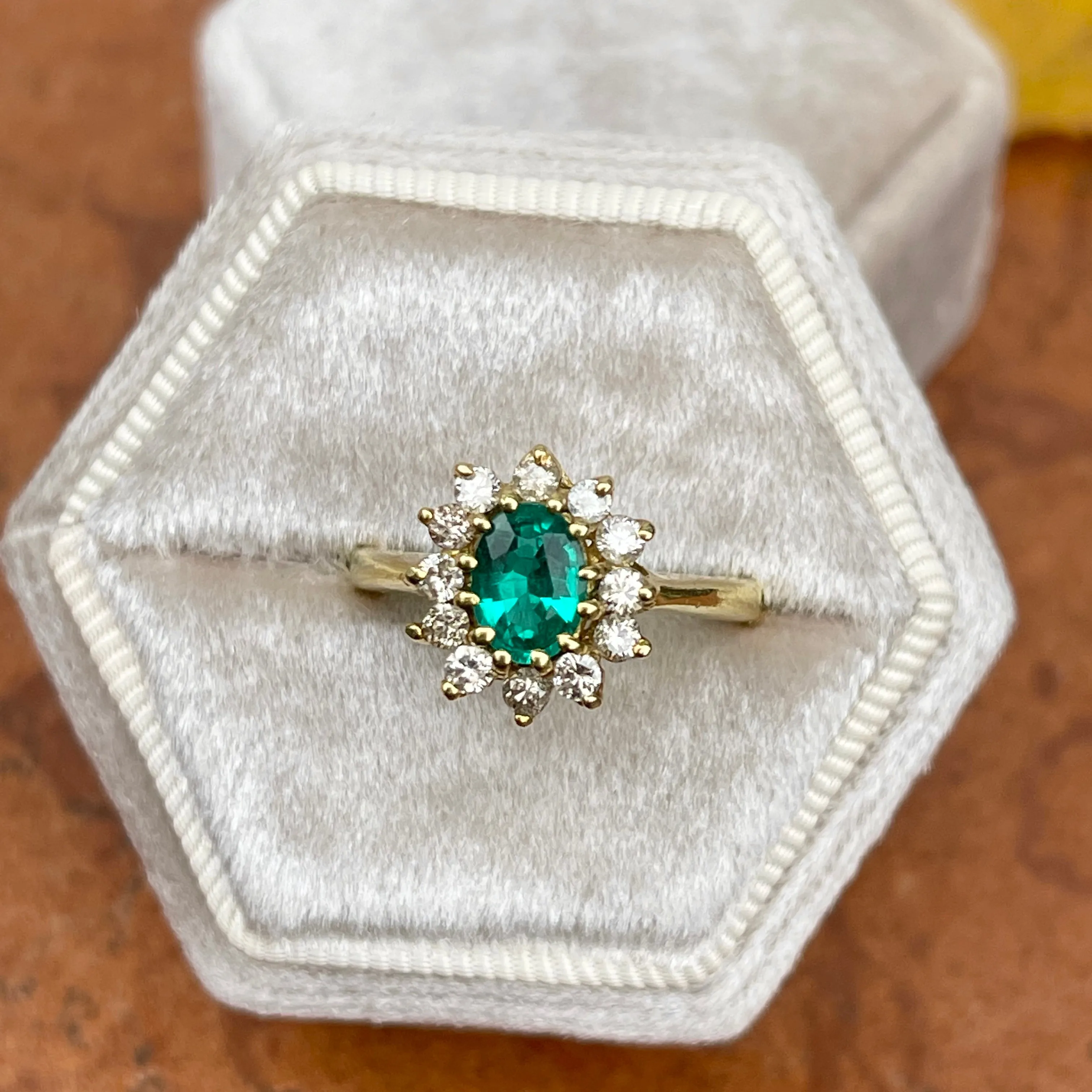 Estate 18KT Yellow Gold Lab 1.00 CT Oval Emerald   Diamond Halo Ring