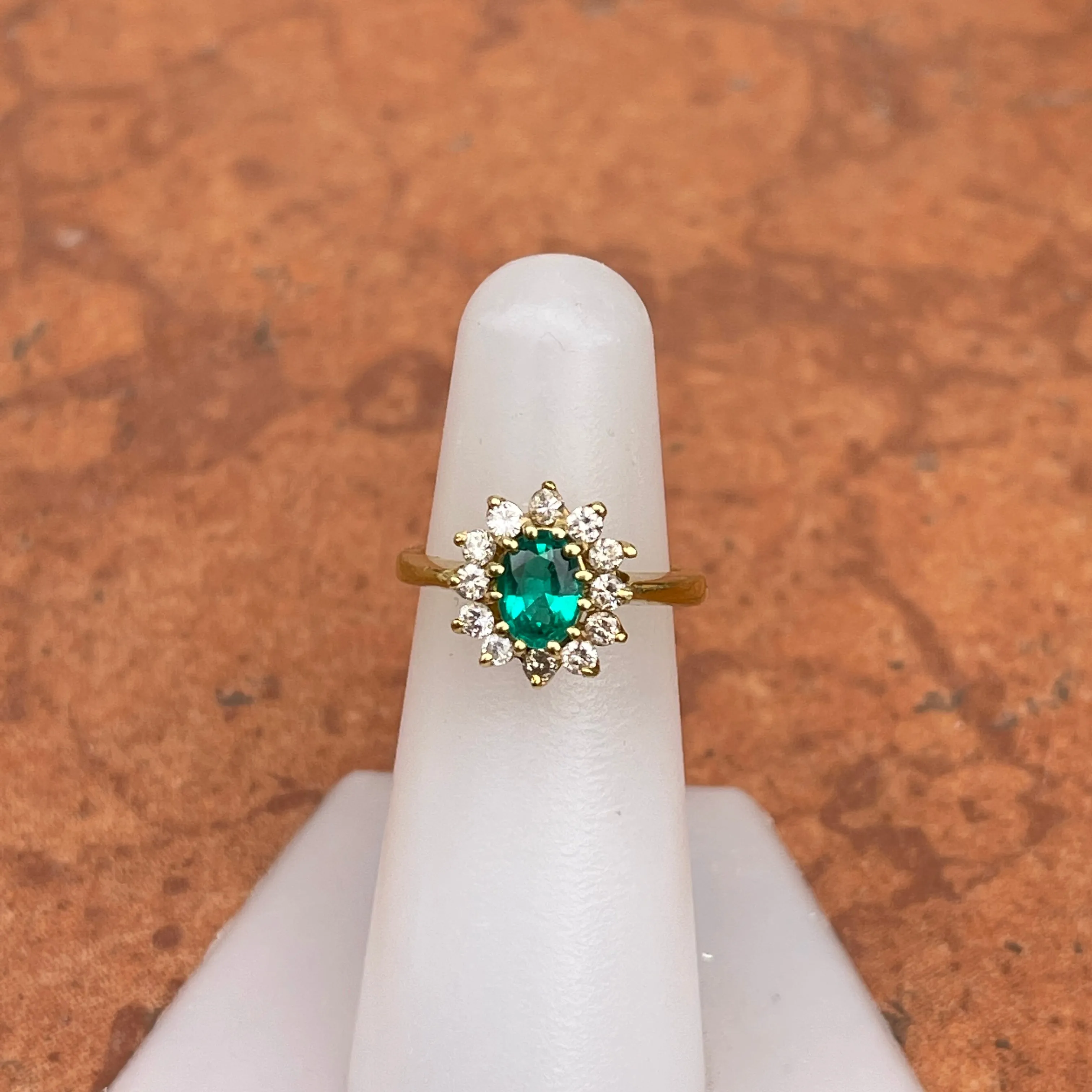 Estate 18KT Yellow Gold Lab 1.00 CT Oval Emerald   Diamond Halo Ring