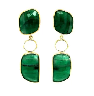 Faceted Emerald Slice and Rainbow Moonstone Dangle Earrings in 18k Yellow Gold