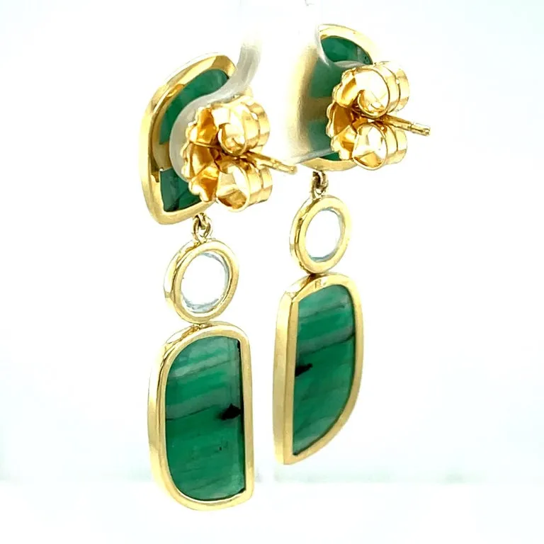 Faceted Emerald Slice and Rainbow Moonstone Dangle Earrings in 18k Yellow Gold