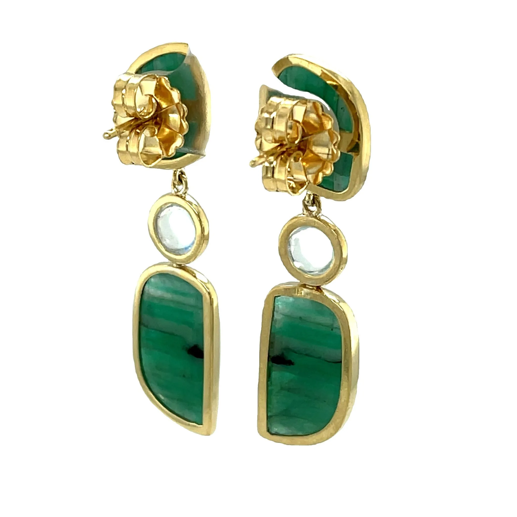 Faceted Emerald Slice and Rainbow Moonstone Dangle Earrings in 18k Yellow Gold