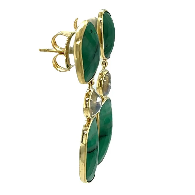 Faceted Emerald Slice and Rainbow Moonstone Dangle Earrings in 18k Yellow Gold