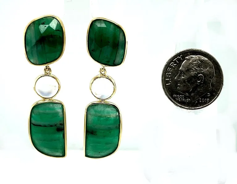 Faceted Emerald Slice and Rainbow Moonstone Dangle Earrings in 18k Yellow Gold