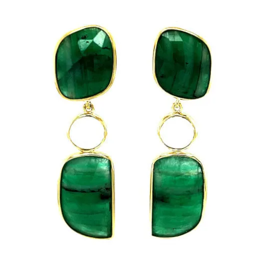 Faceted Emerald Slice and Rainbow Moonstone Dangle Earrings in 18k Yellow Gold