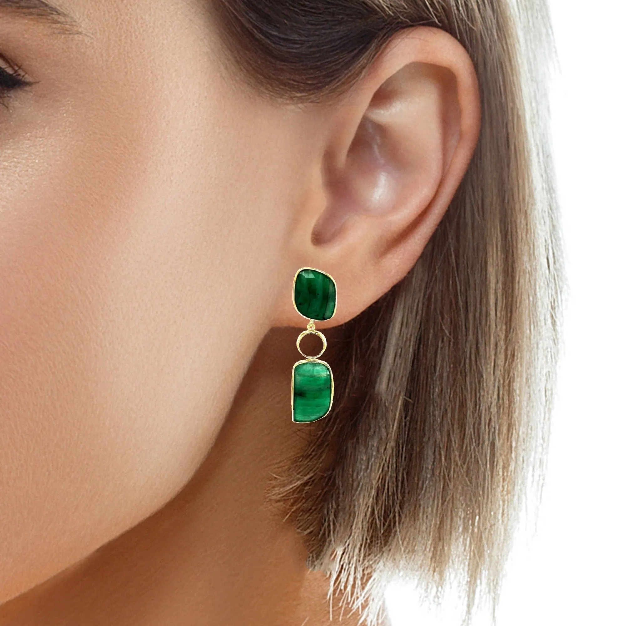 Faceted Emerald Slice and Rainbow Moonstone Dangle Earrings in 18k Yellow Gold