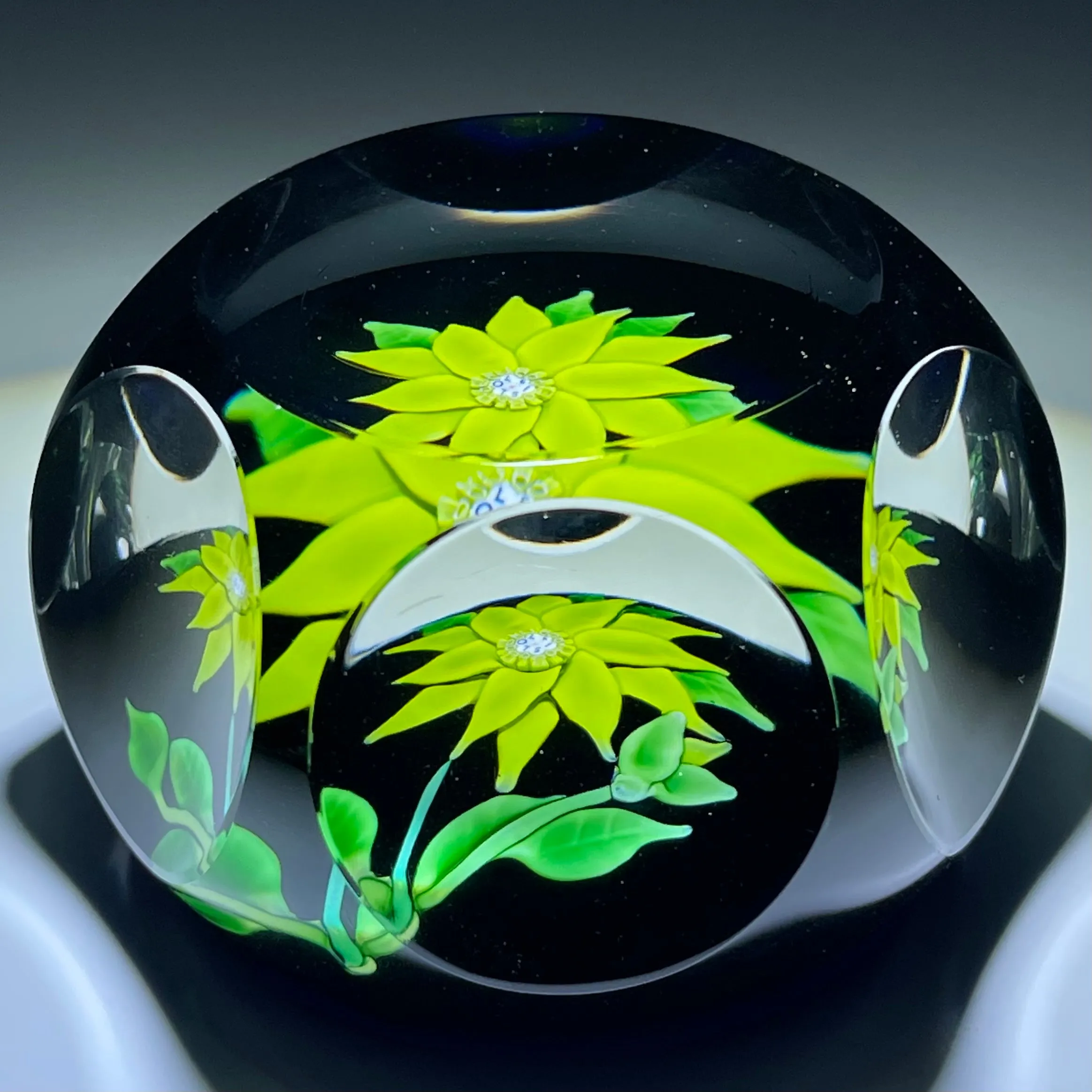Faceted Saint-Louis 1970 flamework Yellow Clematis Flower on Transparent Cobalt Blue Ground