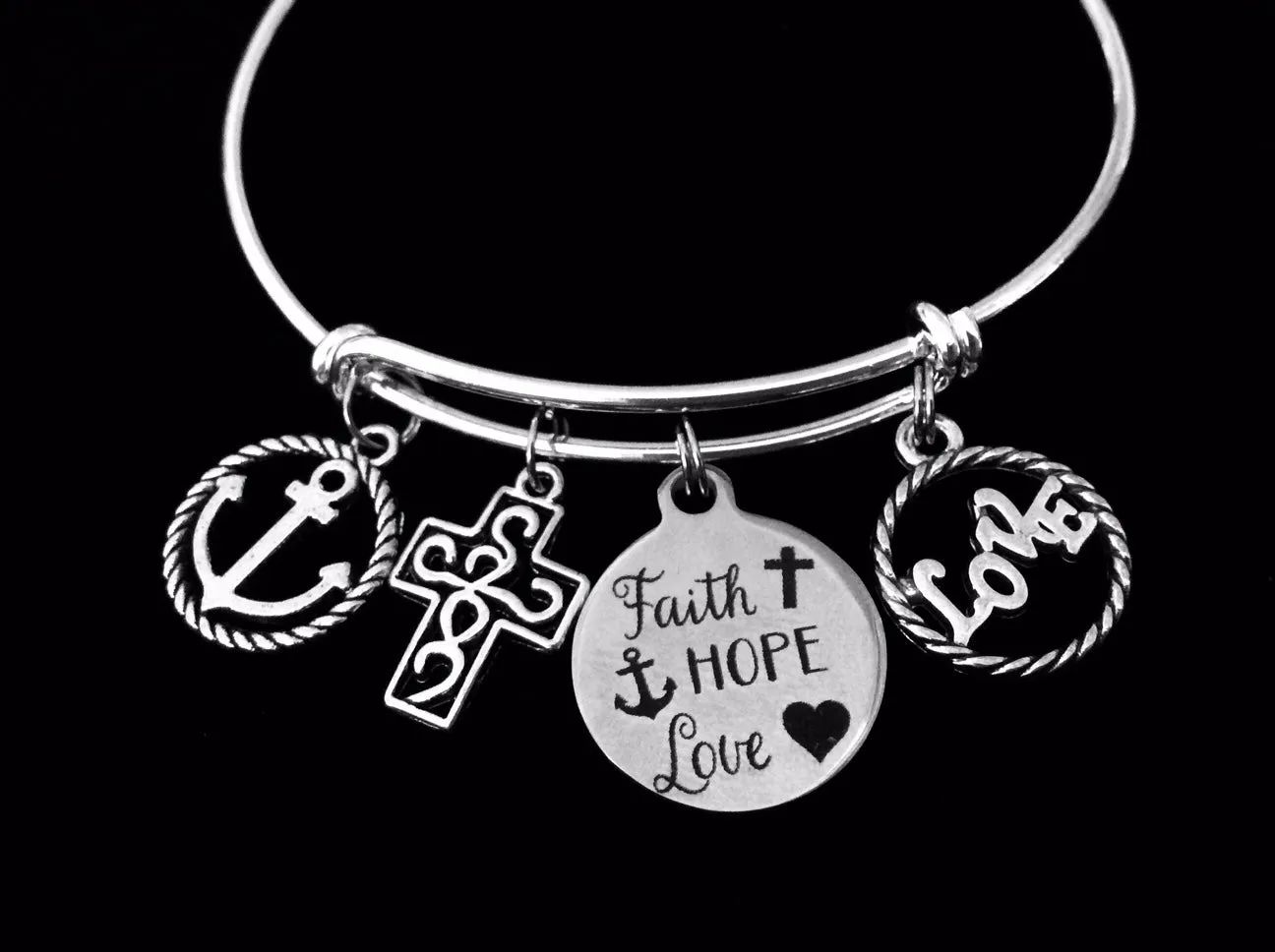 Faith Hope Love Anchor Filigree Cross Adjustable Bracelet Expandable Silver Charm Bangle Religious Jewelry One Size Fits All Gift
