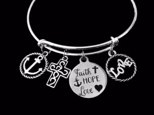 Faith Hope Love Anchor Filigree Cross Adjustable Bracelet Expandable Silver Charm Bangle Religious Jewelry One Size Fits All Gift