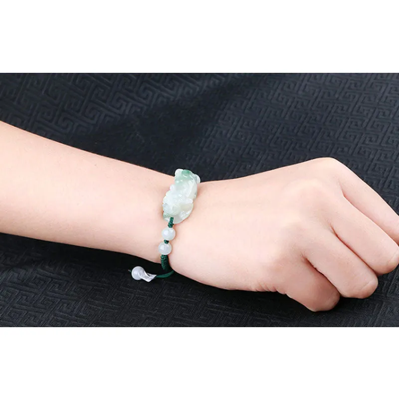 Feng Shui Natural and Authentic Ice Jace with Blue Pattern Pixiu Bracelet for Men and Women