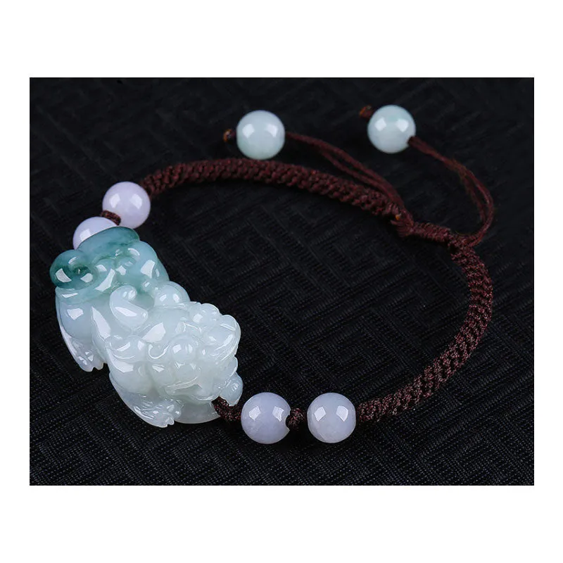 Feng Shui Natural and Authentic Ice Jace with Blue Pattern Pixiu Bracelet for Men and Women