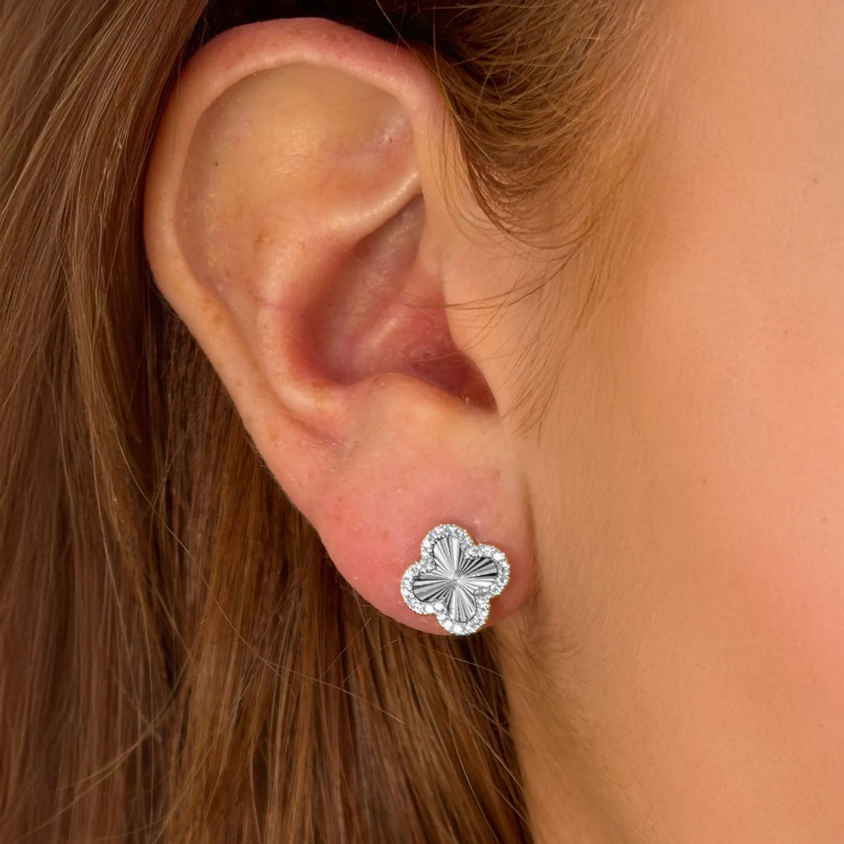 Fluted Gold Diamond Clover Stud Earrings