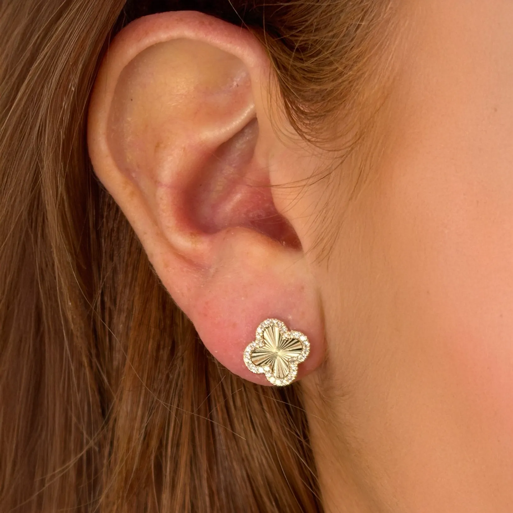 Fluted Gold Diamond Clover Stud Earrings