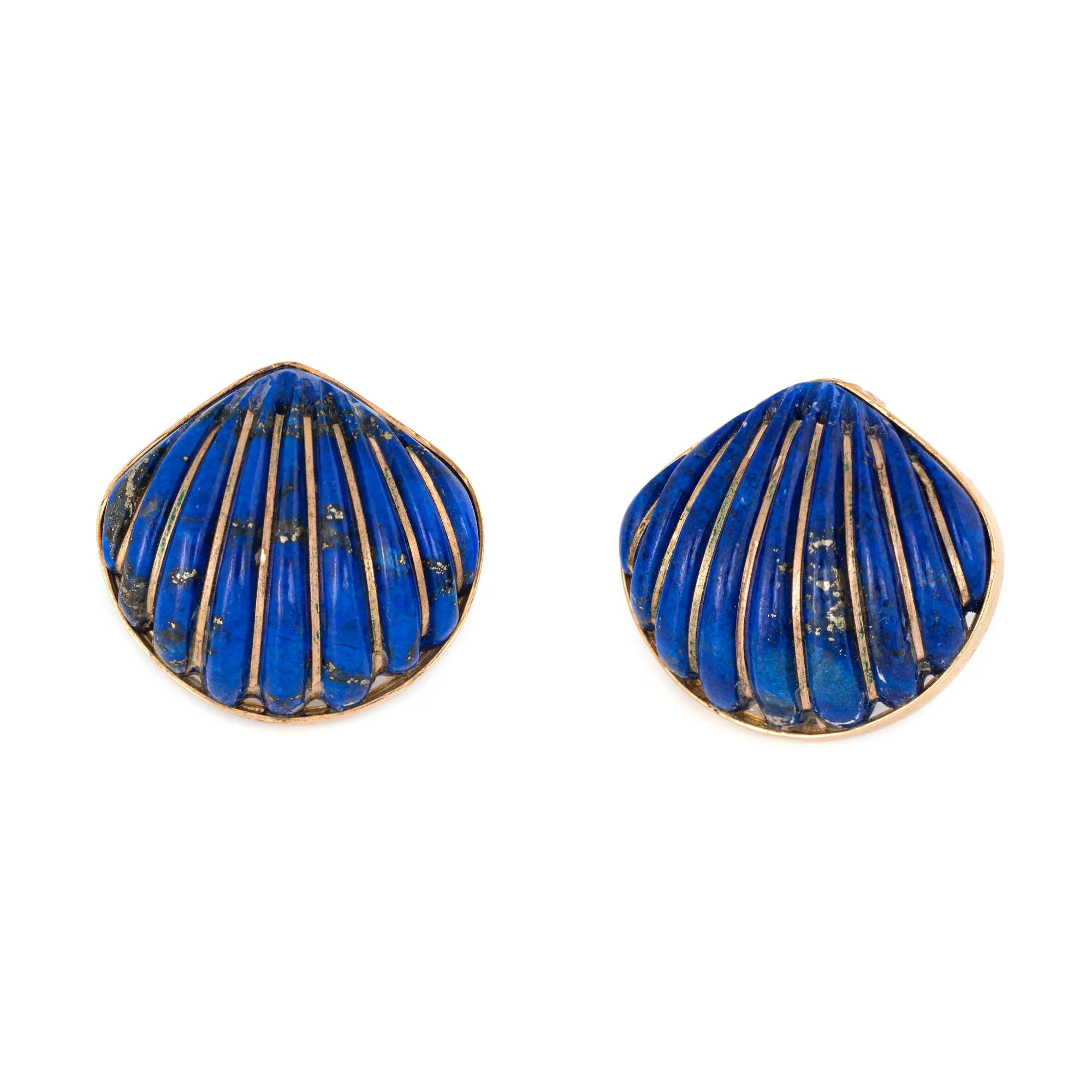 Fluted Lapis Lazuli Shell Earrings Vintage 14k Yellow Gold Fine Ocean Jewelry