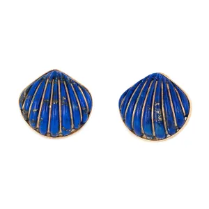 Fluted Lapis Lazuli Shell Earrings Vintage 14k Yellow Gold Fine Ocean Jewelry