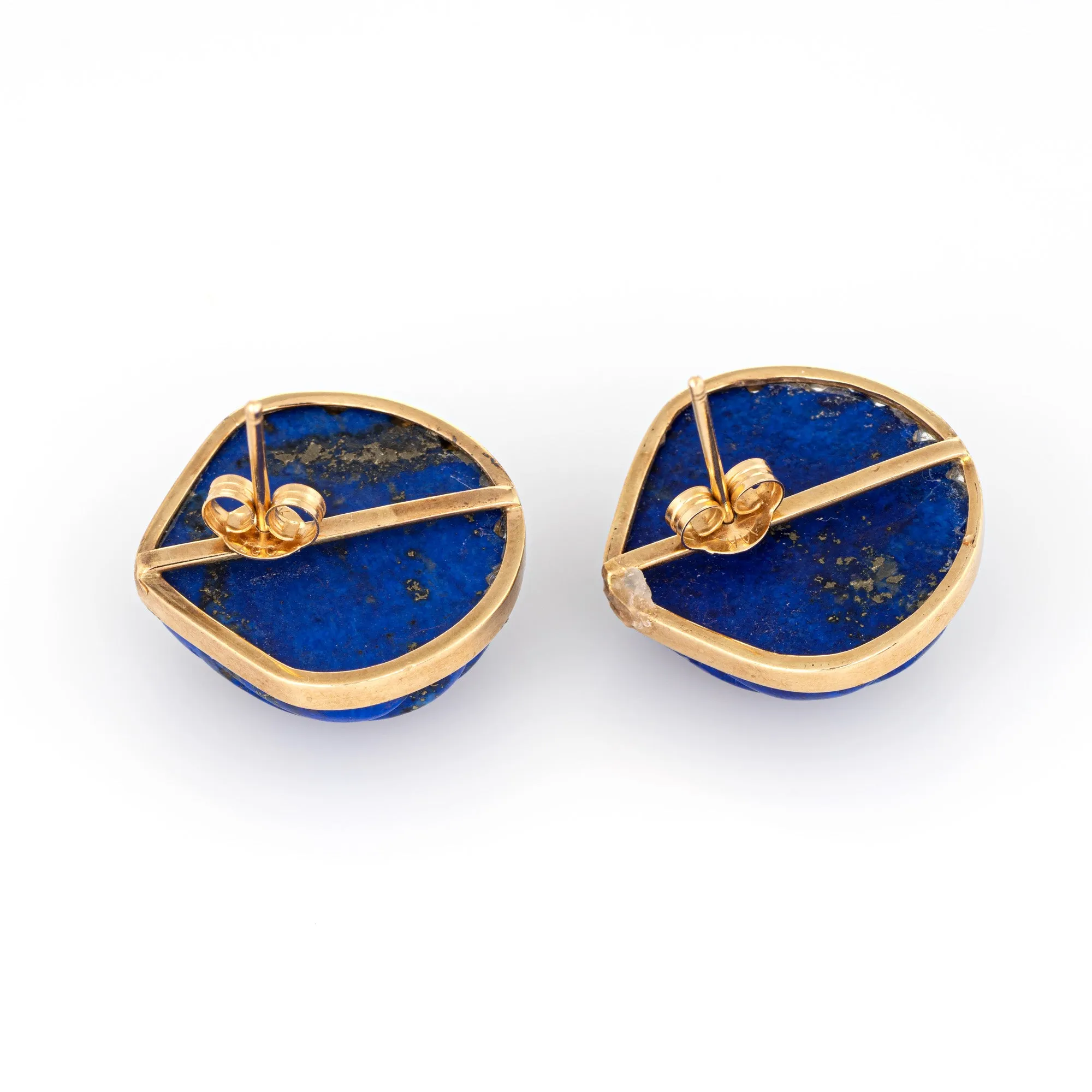 Fluted Lapis Lazuli Shell Earrings Vintage 14k Yellow Gold Fine Ocean Jewelry