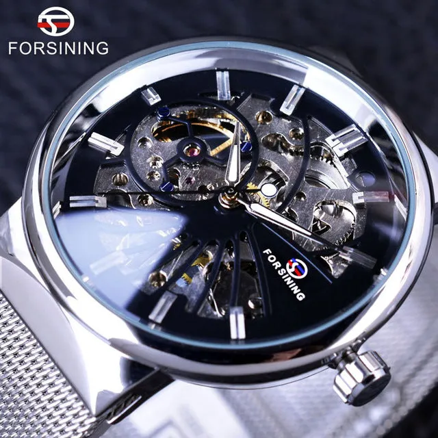 Forsining Silver Steel Transparent Case Skeleton Watch