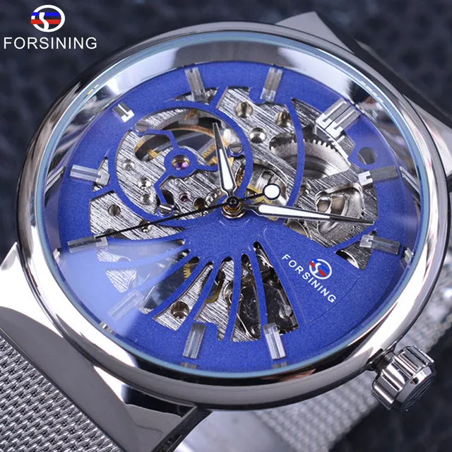 Forsining Silver Steel Transparent Case Skeleton Watch