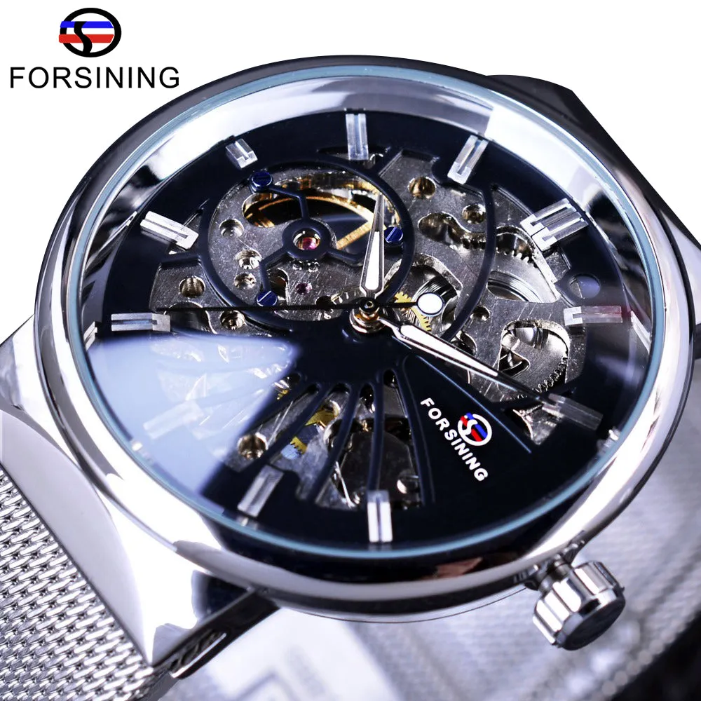 Forsining Silver Steel Transparent Case Skeleton Watch