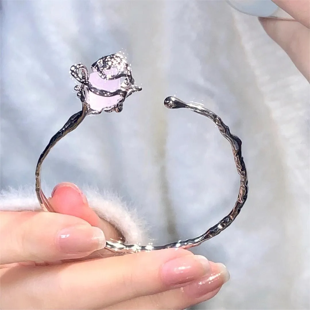 Geometric Healing Stone Rose Bangle Bracelet