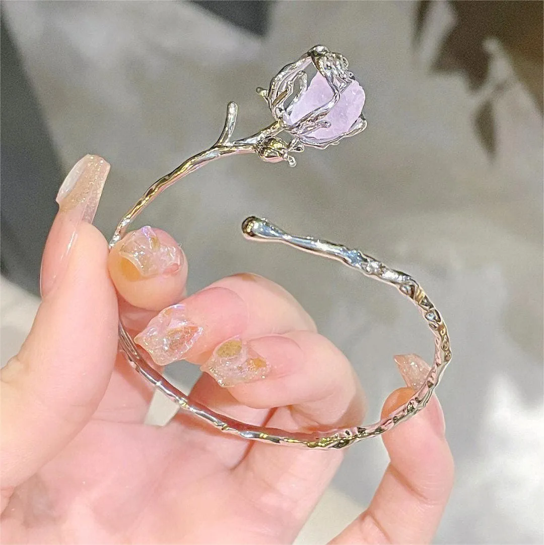 Geometric Healing Stone Rose Bangle Bracelet