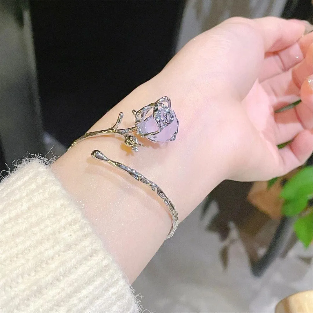 Geometric Healing Stone Rose Bangle Bracelet
