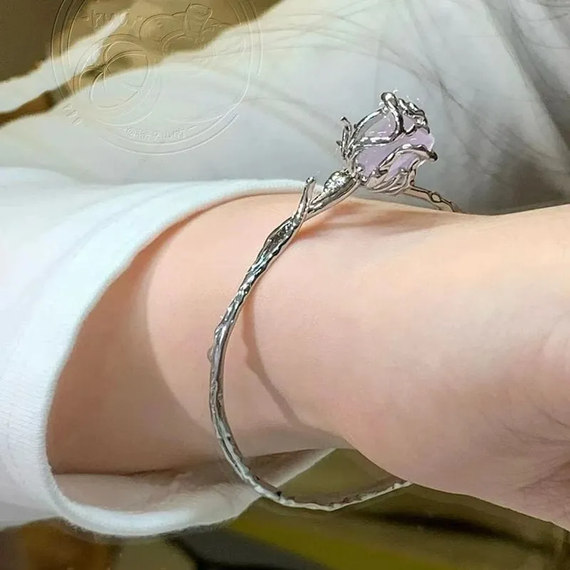 Geometric Healing Stone Rose Bangle Bracelet