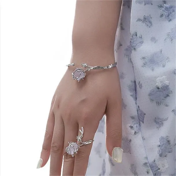 Geometric Healing Stone Rose Bangle Bracelet