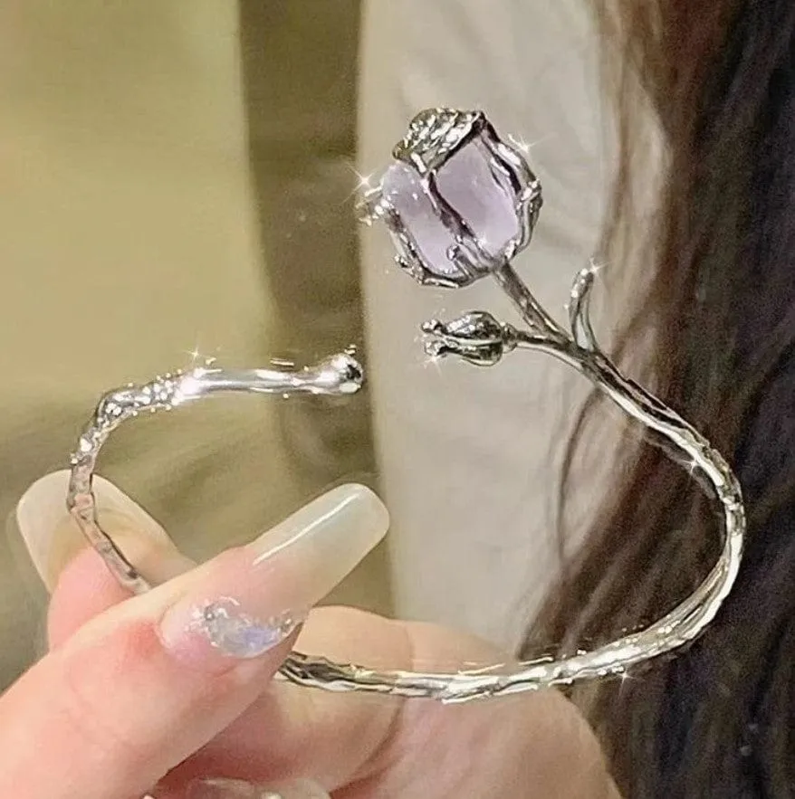 Geometric Healing Stone Rose Bangle Bracelet