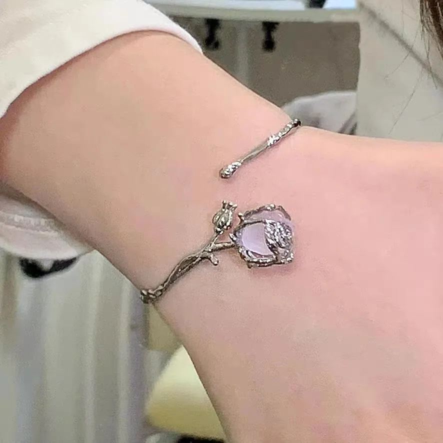 Geometric Healing Stone Rose Bangle Bracelet