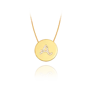 Gold Accented Scripted Initial Disc With Diamonds