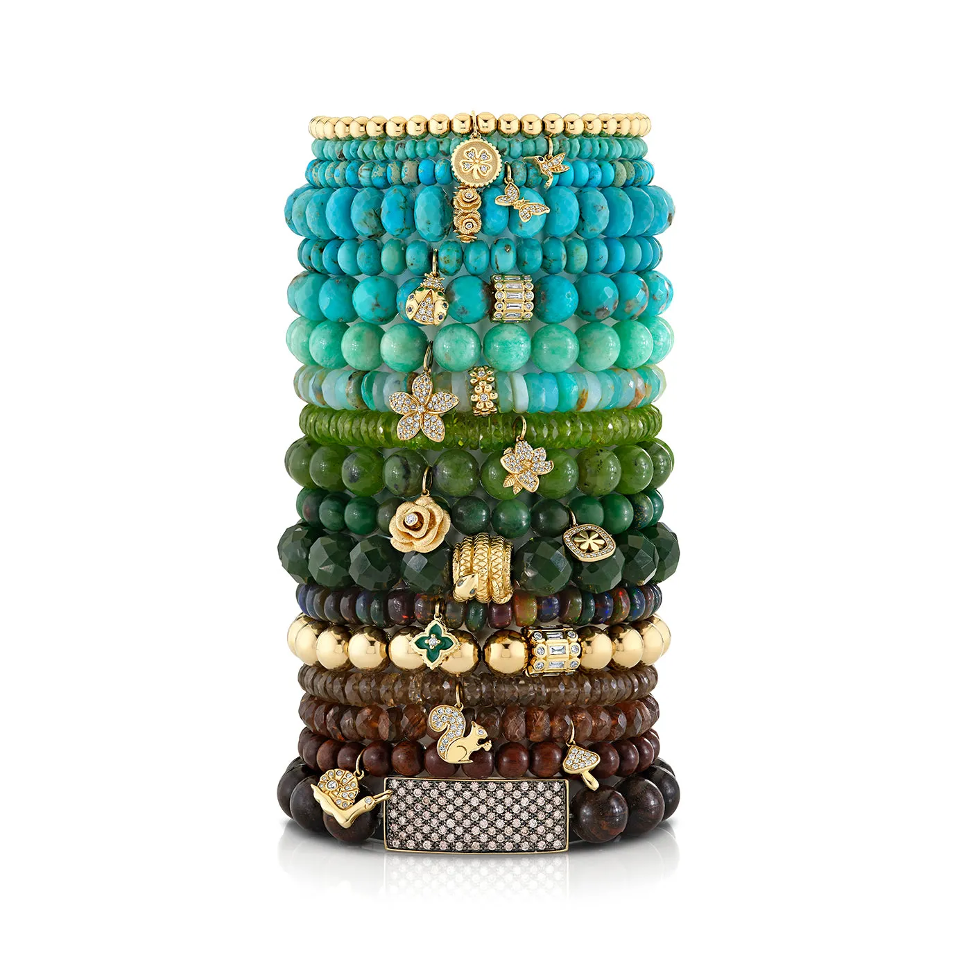 Gold & Diamond Baguette and Round Bezel Stacked Rondelle on Matrix Turquoise