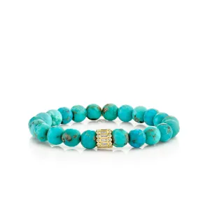 Gold & Diamond Baguette and Round Bezel Stacked Rondelle on Matrix Turquoise