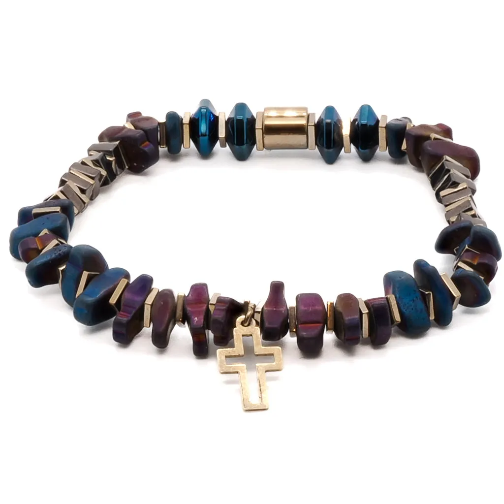 Gold Cross Hematite Stone Beaded Bracelet
