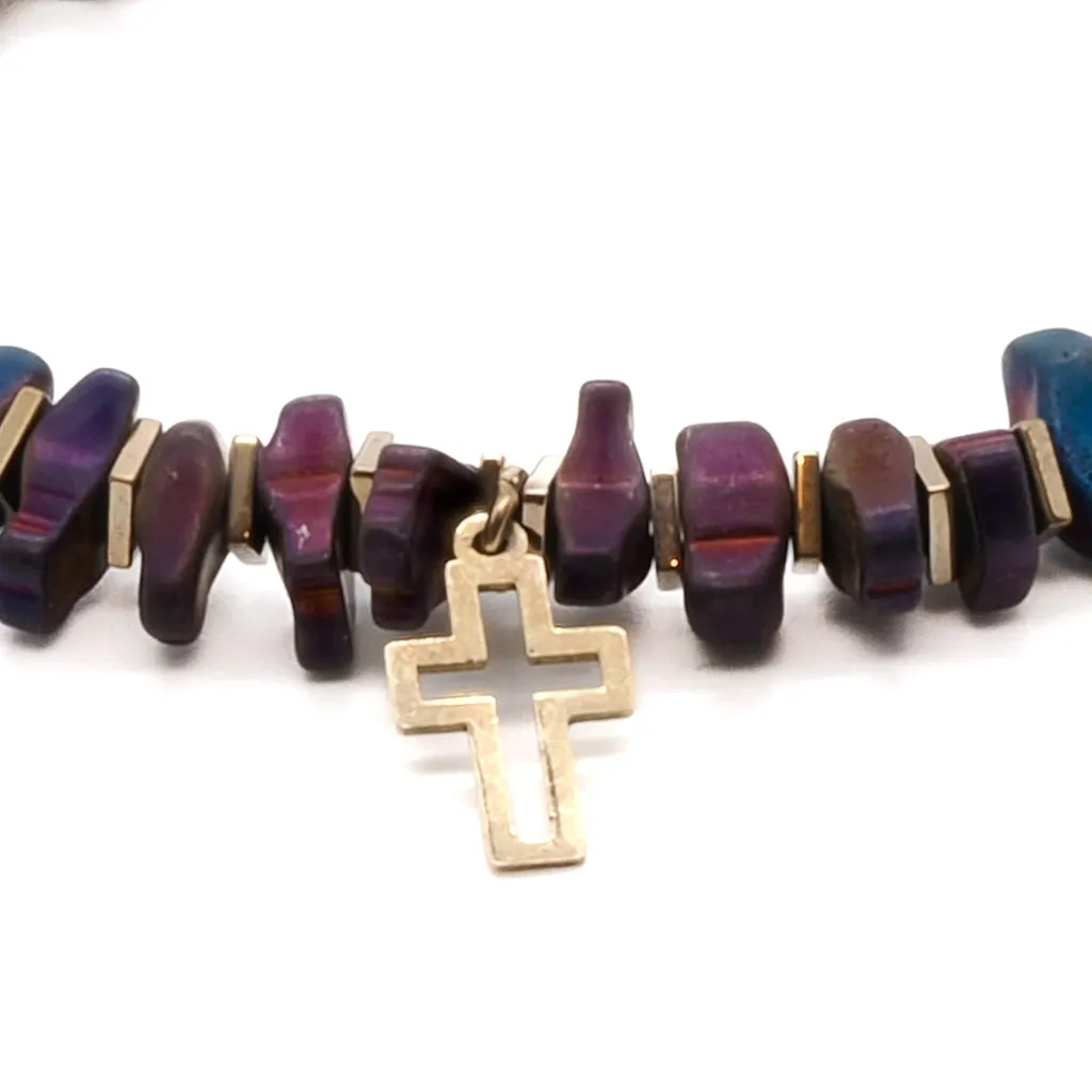 Gold Cross Hematite Stone Beaded Bracelet