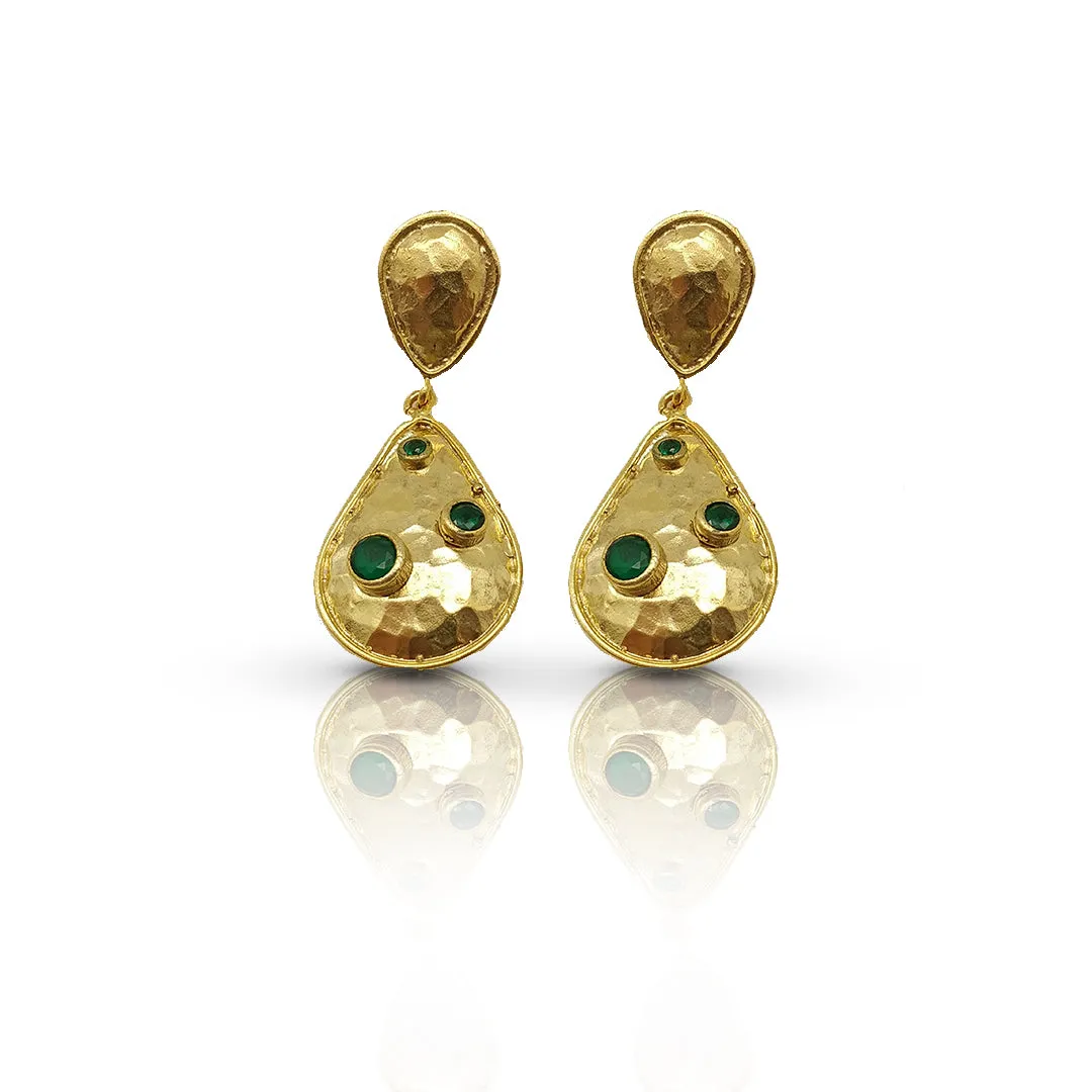 Gold-Plated Handmade Earrings with Emerald CZ Stones | Contemporary Double Drop Earrings | Elegant Modern Jewelry